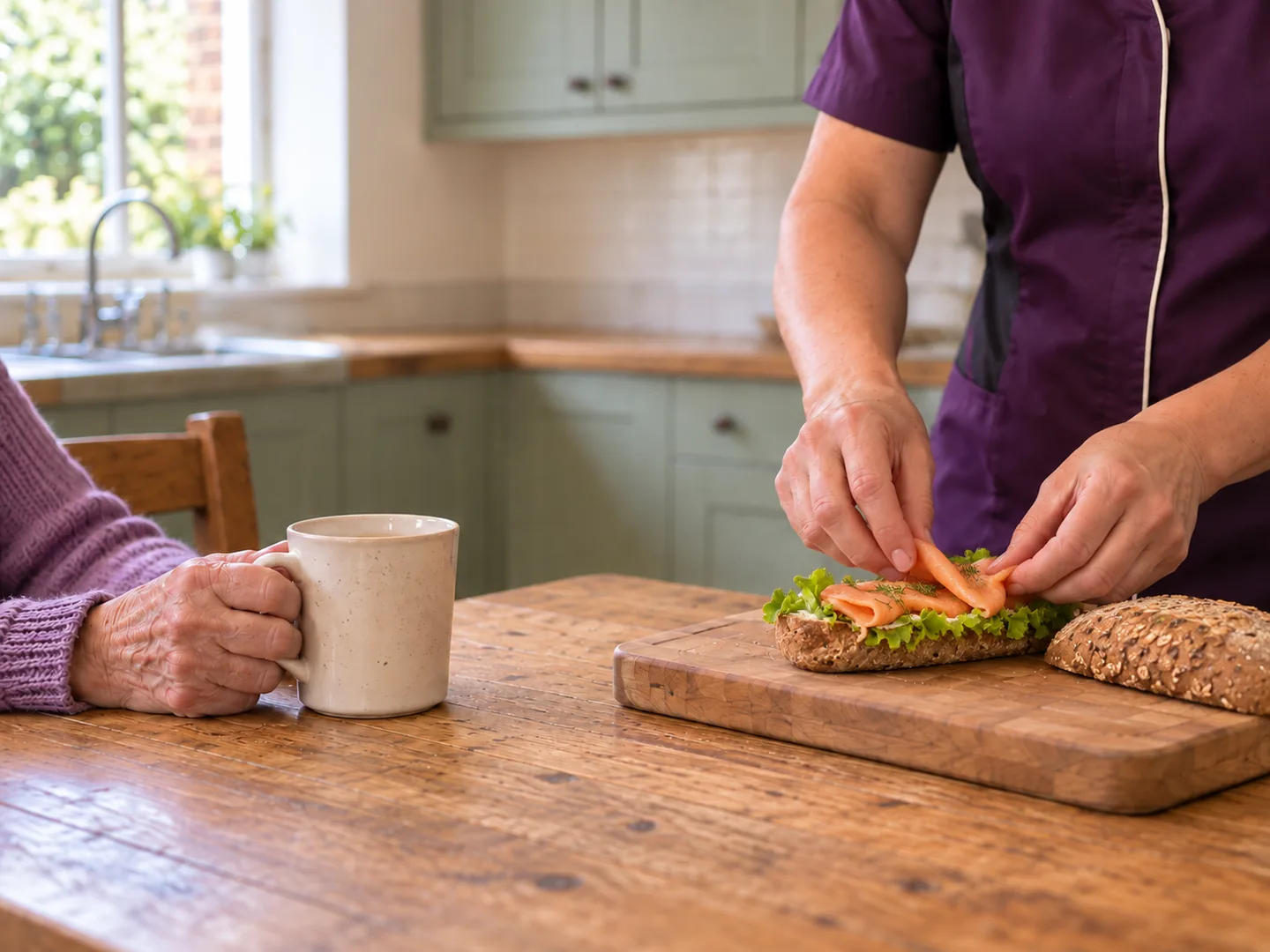 Hands preparing a seeded bread-roll sandwich in a bright kitchen