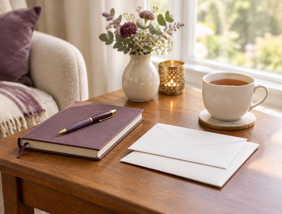 A notebook, pen and letters on a wooden table beside a bright window, with a cup of tea
