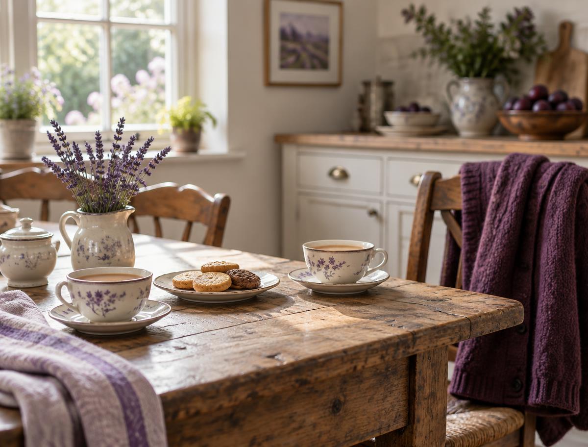 Two cups of tea and a plate of biscuits on a wooden kitchen table, with a plum cardigan over a chair